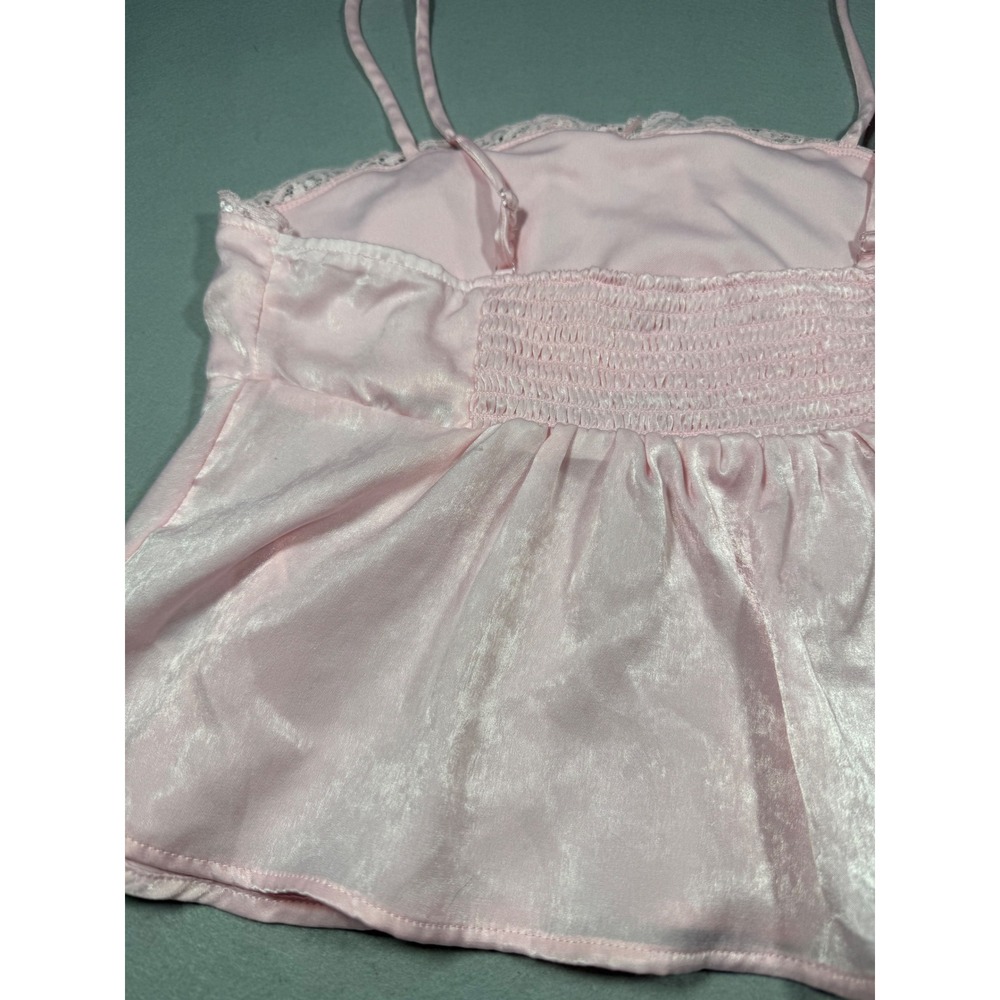 Coquette Pink Satin Lace Trim Camisole Top Smocked Back Peplum Babydoll Cami Med - Picture 7 of 7